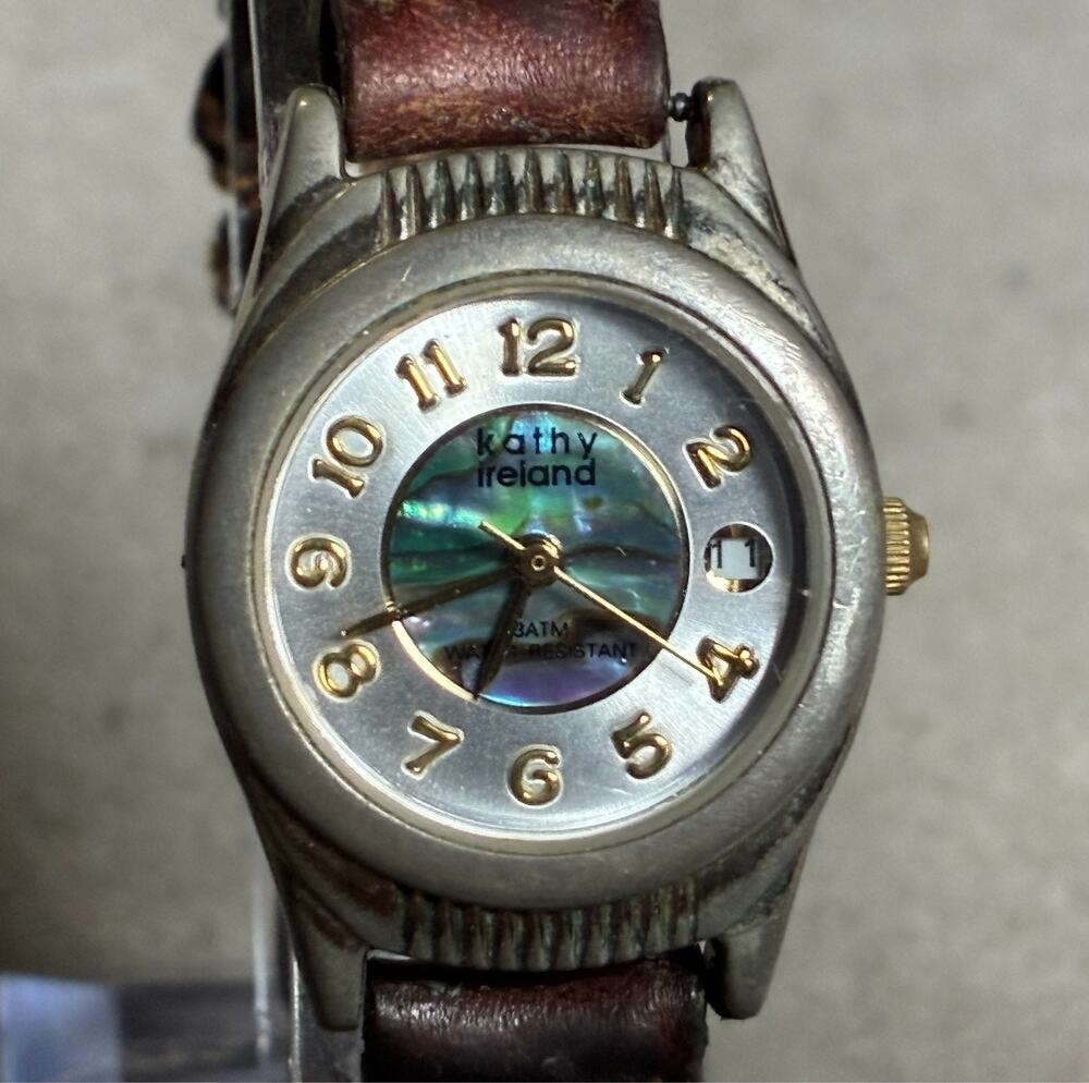 Kathy Ireland Abalone Dial Ladies Watch Date Braided Leather Strap Works Great